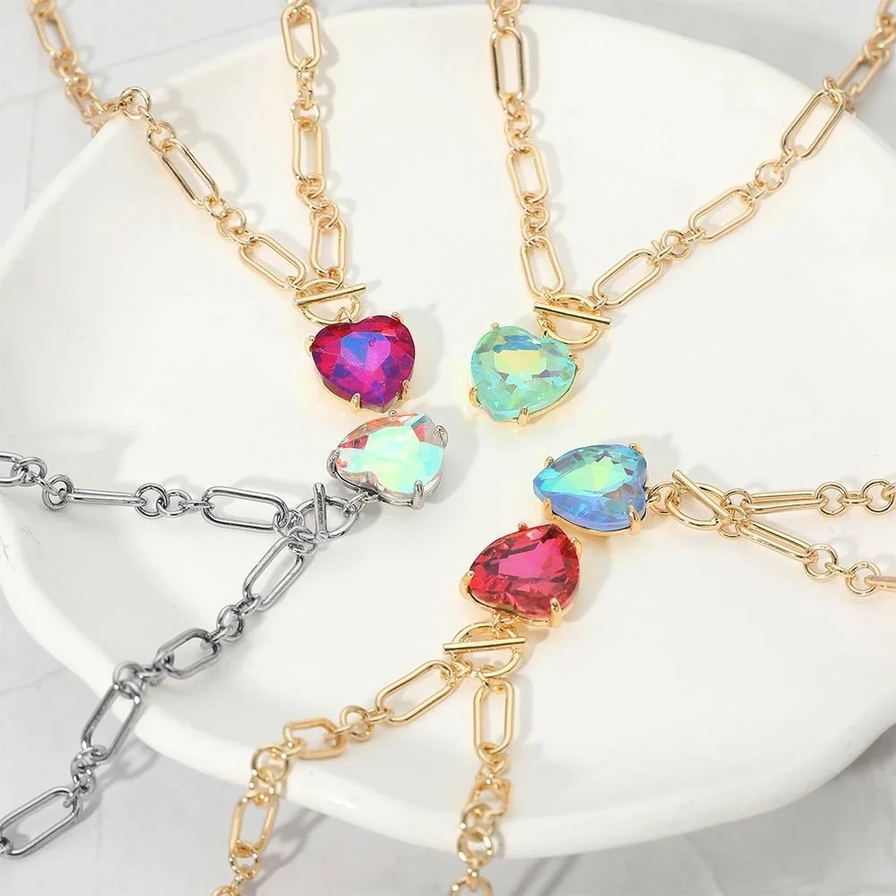 Plum Heart Toggle Paperclip Link Crystal Pendant Necklace Gold Jewelry Chain